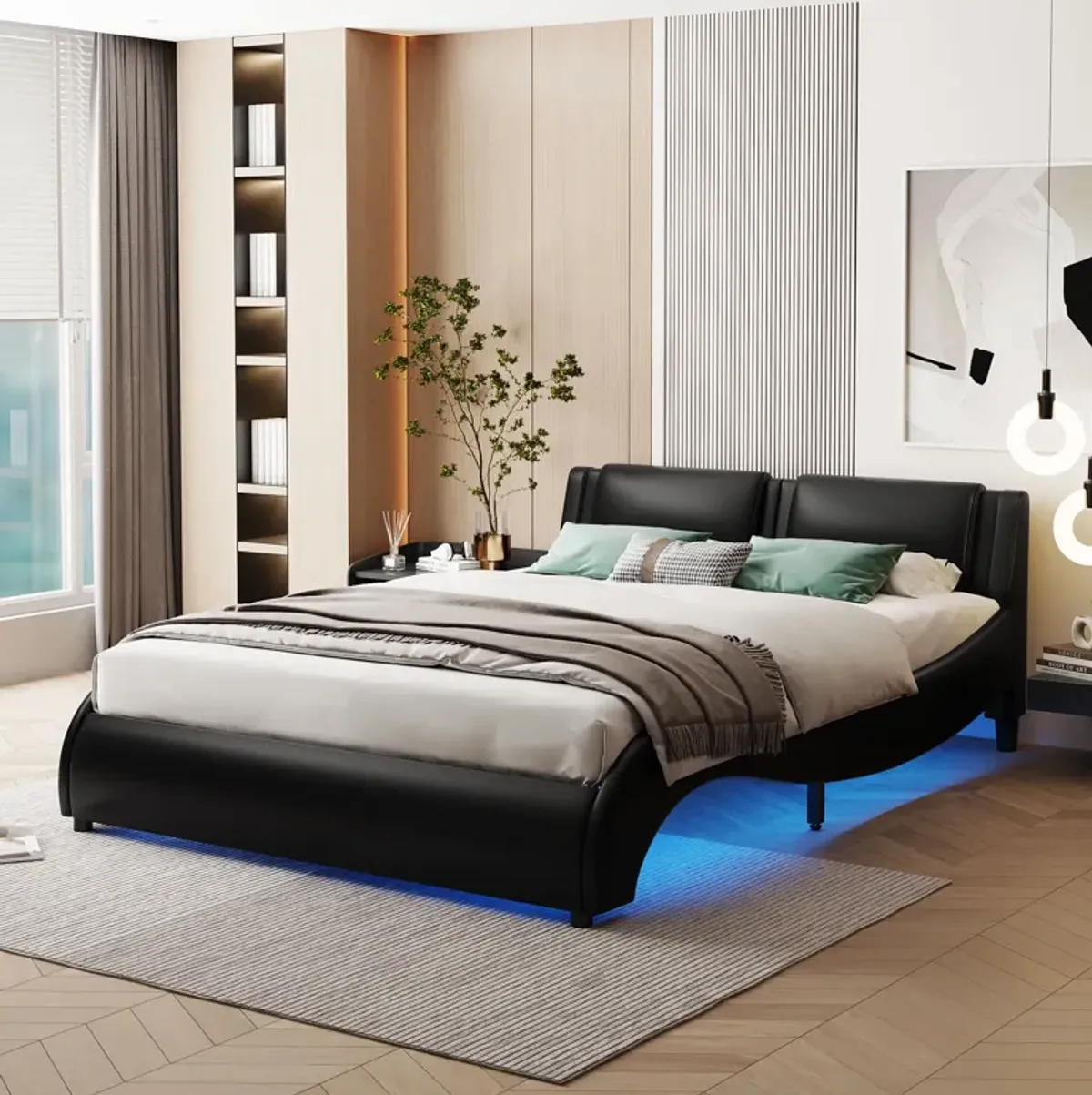 Merax Upholstered Faux Leather Platform Bed with LED Light