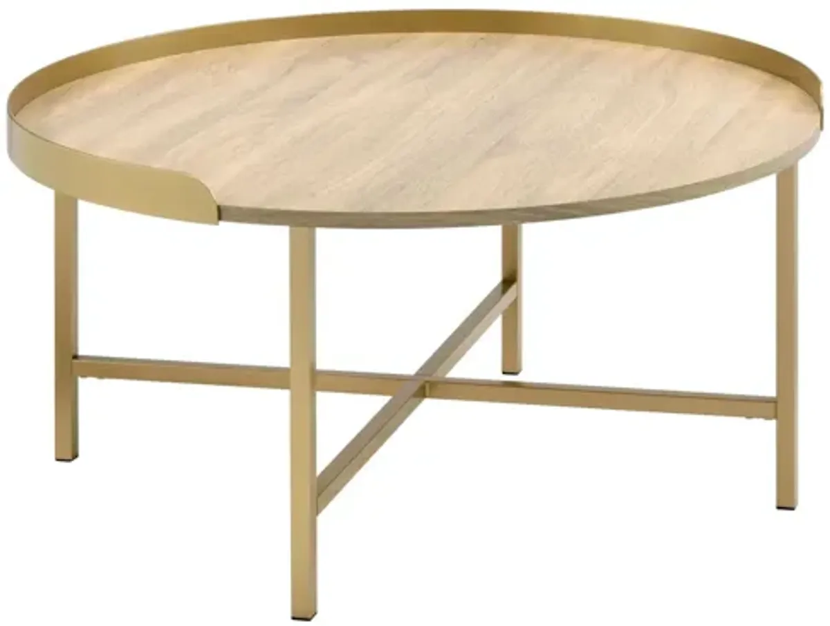 Hivvago 34" Gold And Oak Manufactured Wood And Metal Round Coffee Table