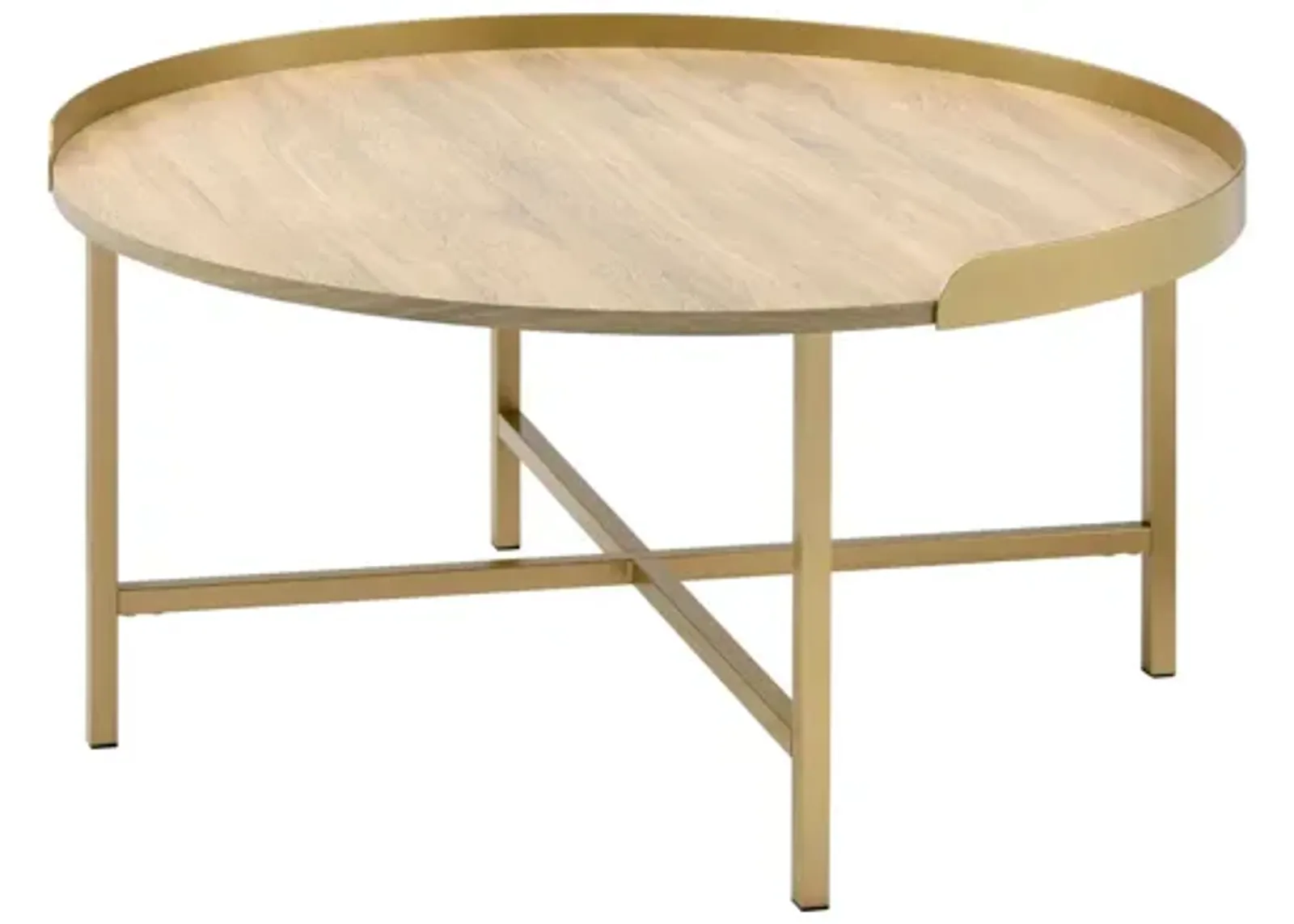 Homezia 34" Gold And Oak Manufactured Wood And Metal Round Coffee Table