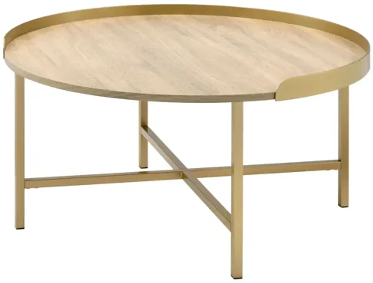 Homezia 34" Gold And Oak Manufactured Wood And Metal Round Coffee Table