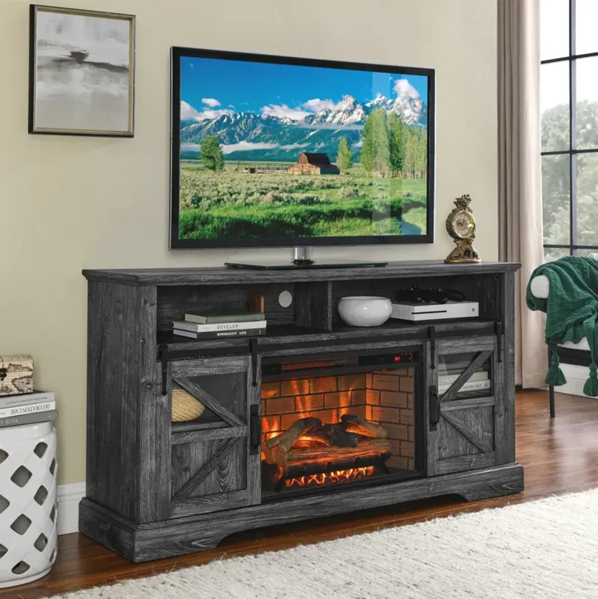 60 Inch Electric Fireplace Entertainment Center With Door Sensor- Rustic Oak