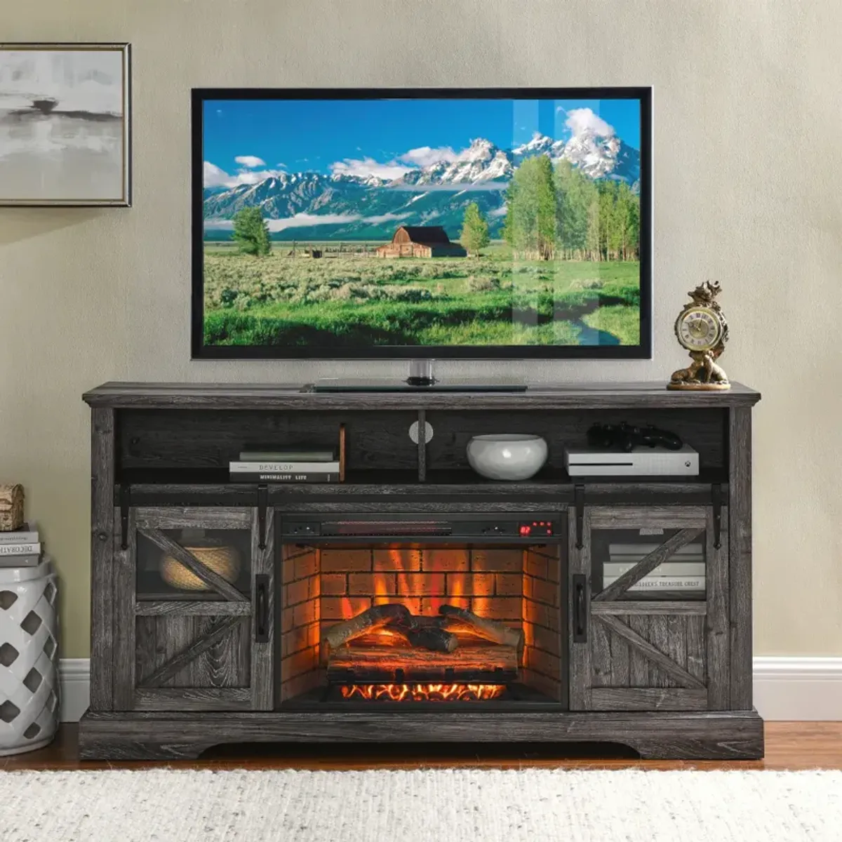 60 Inch Electric Fireplace Entertainment Center With Door Sensor- Rustic Oak