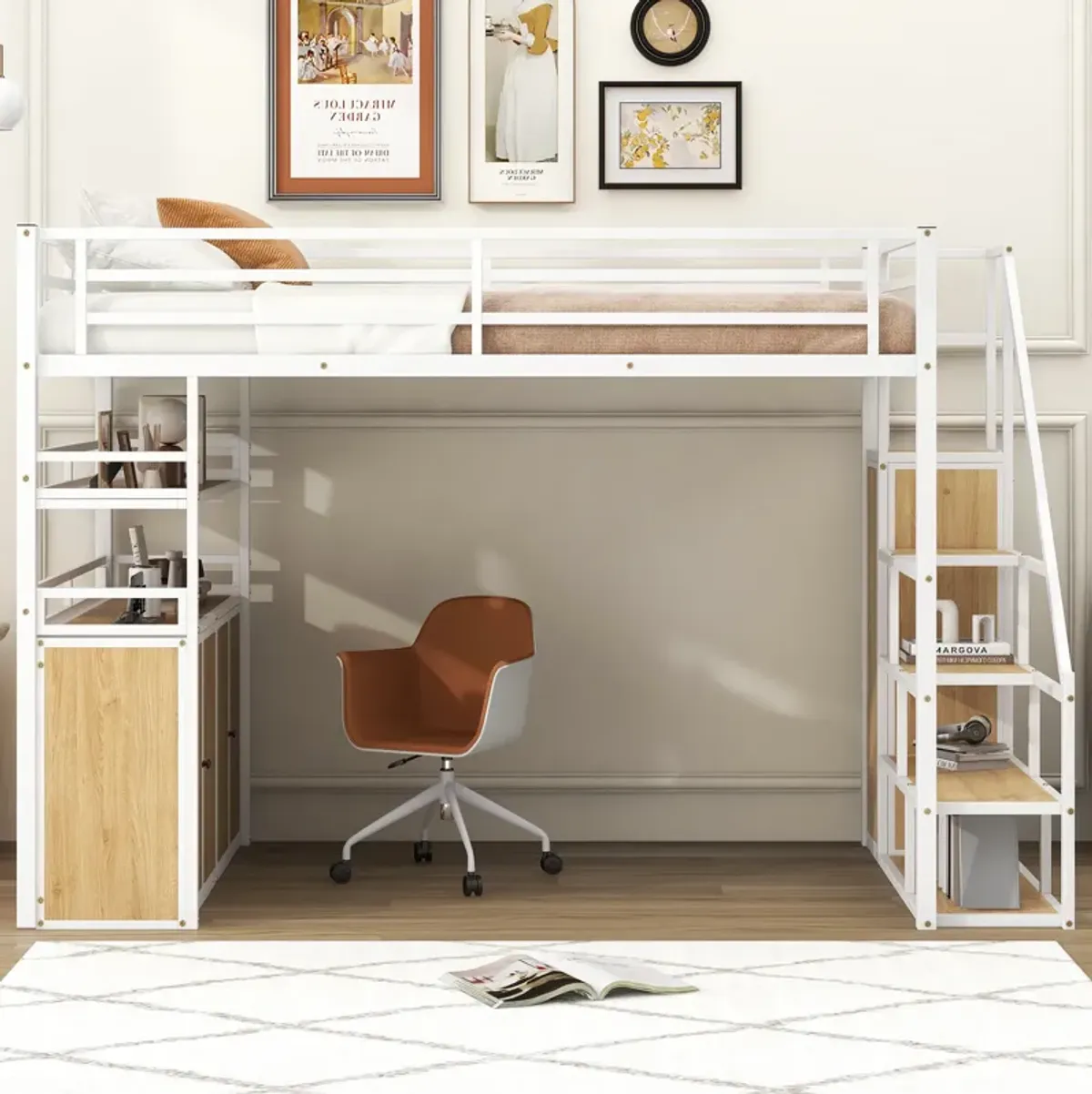 Merax Metal Loft Bed with Storage Staircase and Wardrobe