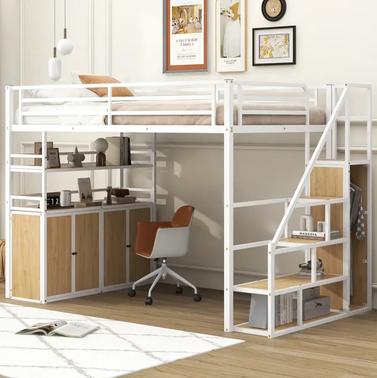 Merax Metal Loft Bed with Storage Staircase and Wardrobe