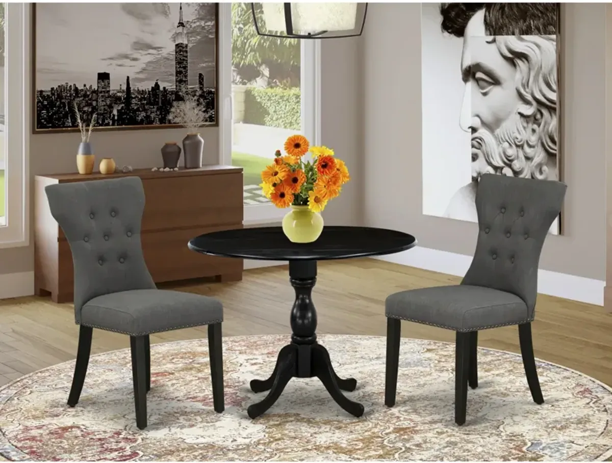 East West Furniture East West Furniture DMGA3-ABK-50 3 Piece Dining Set Contains 1 Drop Leaves Table and 2 Dark Gotham Grey Linen Fabric Dining Chairs Button Tufted Back with Nail Heads - Wire Brushed Black Finish