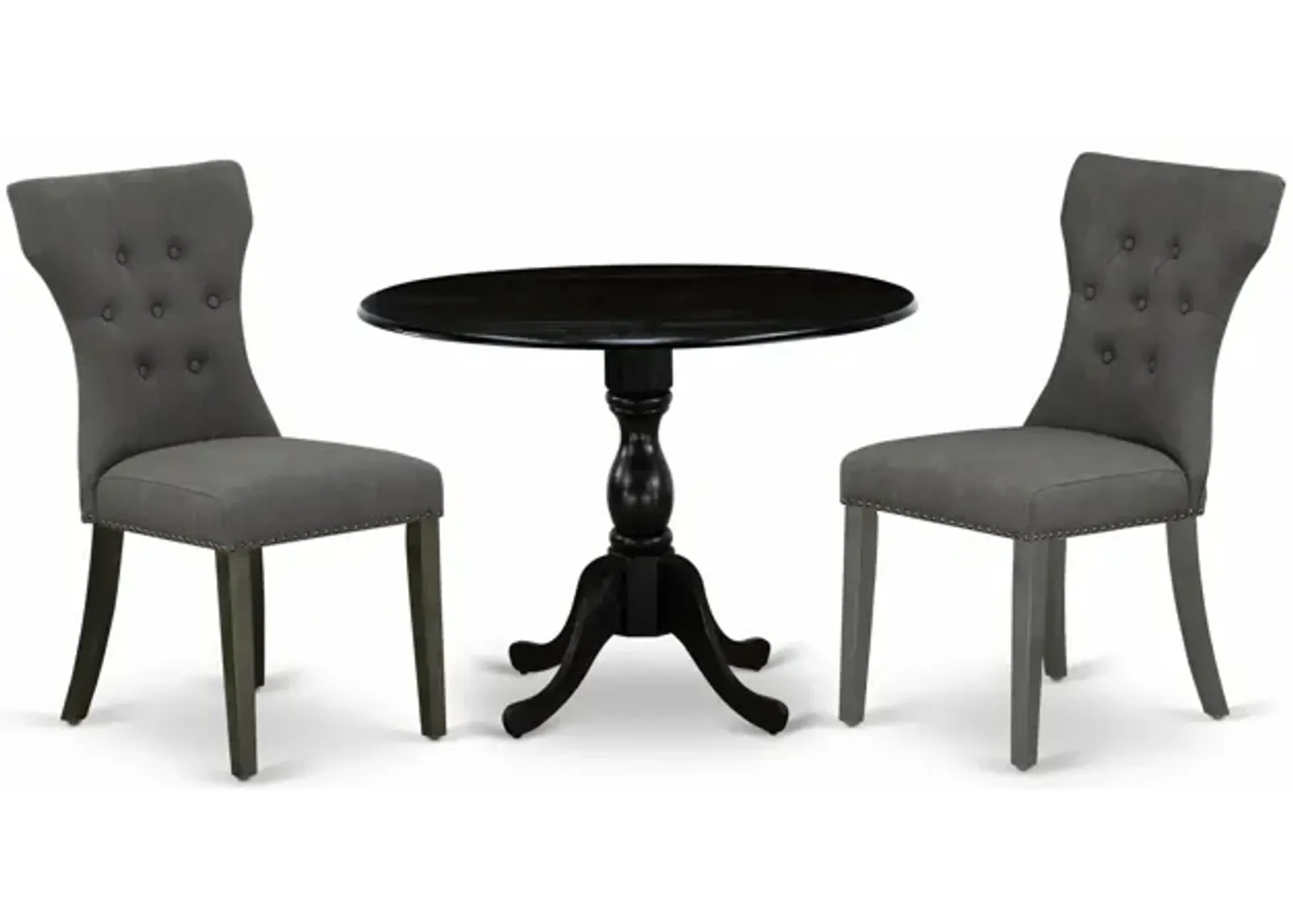 East West Furniture East West Furniture DMGA3-ABK-50 3 Piece Dining Set Contains 1 Drop Leaves Table and 2 Dark Gotham Grey Linen Fabric Dining Chairs Button Tufted Back with Nail Heads - Wire Brushed Black Finish