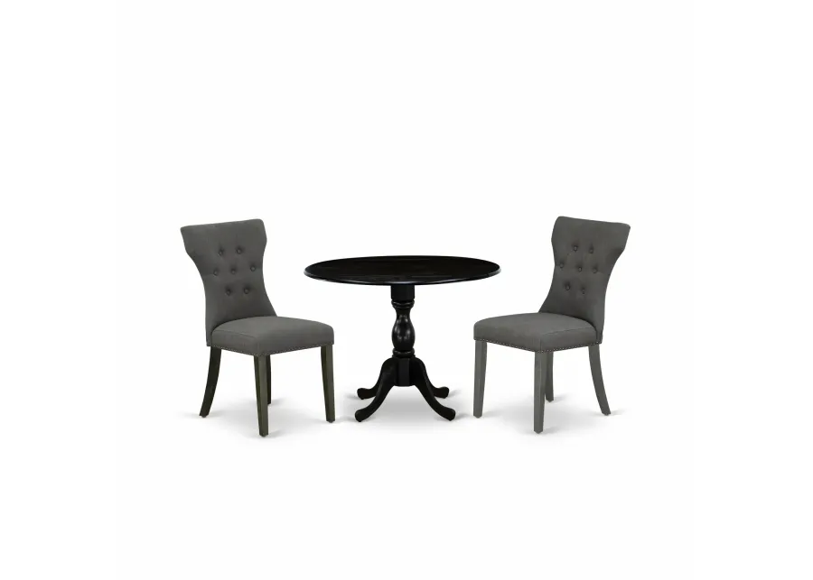 East West Furniture East West Furniture DMGA3-ABK-50 3 Piece Dining Set Contains 1 Drop Leaves Table and 2 Dark Gotham Grey Linen Fabric Dining Chairs Button Tufted Back with Nail Heads - Wire Brushed Black Finish