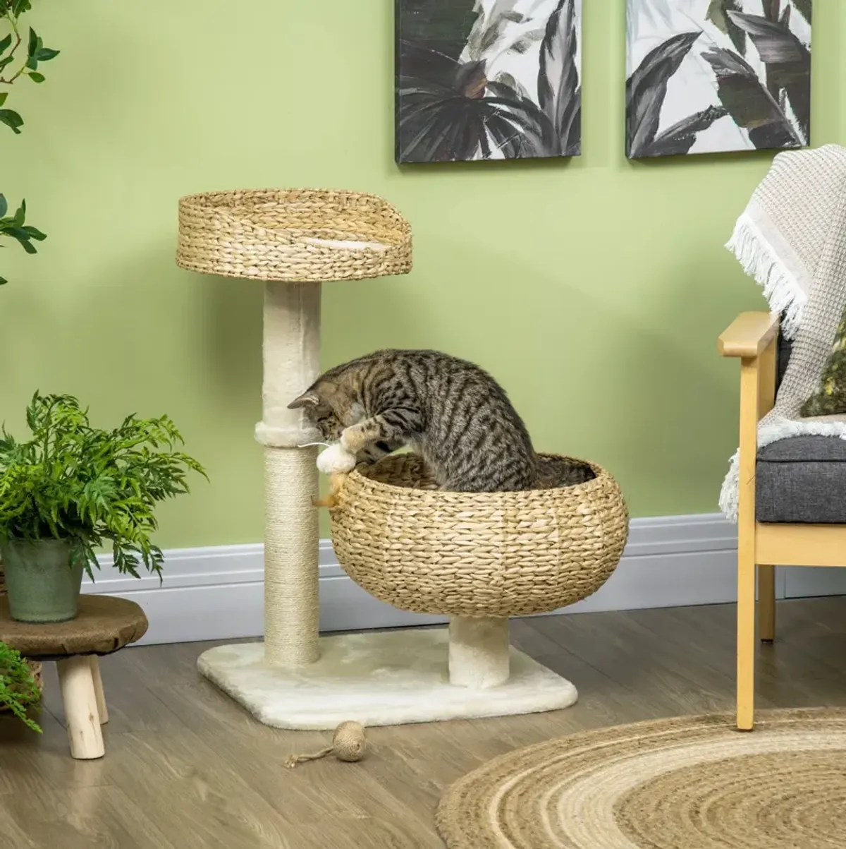 Modern Cat Furniture: 28" Elevated Bed with Sisal Post & Basket Design