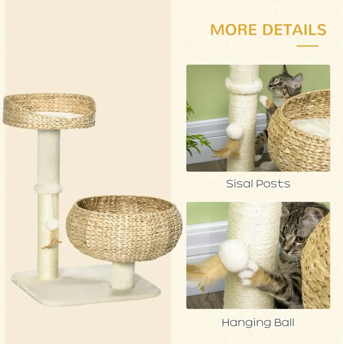 Modern Cat Furniture: 28" Elevated Bed with Sisal Post & Basket Design