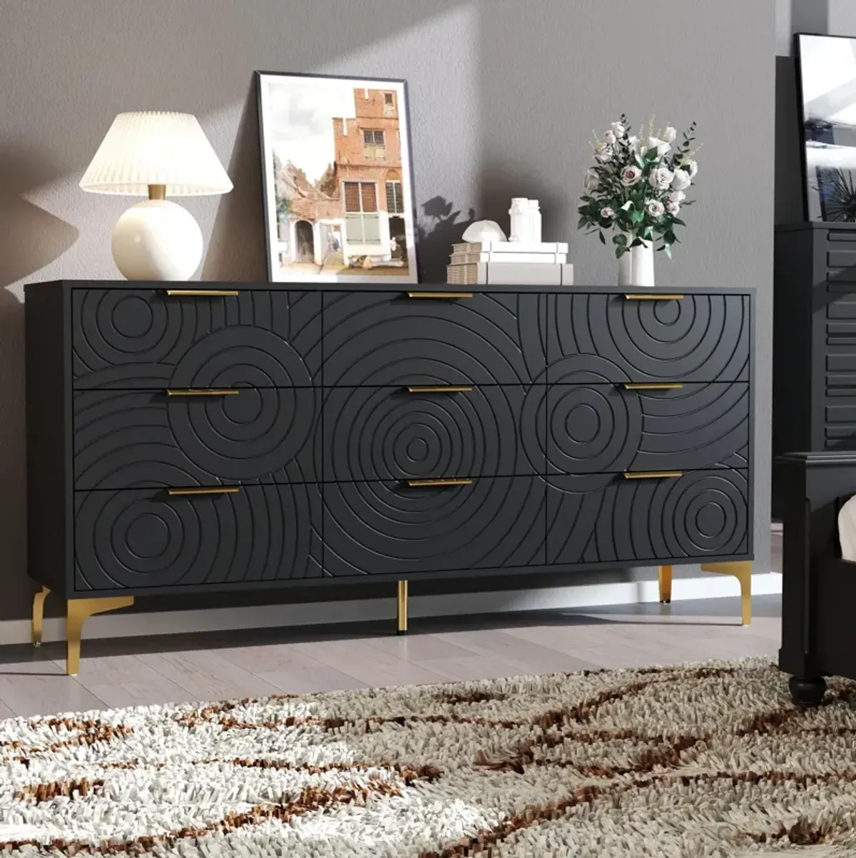 Sideboard, 62.9" x 30.7" Large Buffet with Storage, Cabinets Black Dresser with 9 Drawers, Coffee Bar Cabinet, Modern Entry Storage in Living Room, Bedroom and Kitchen