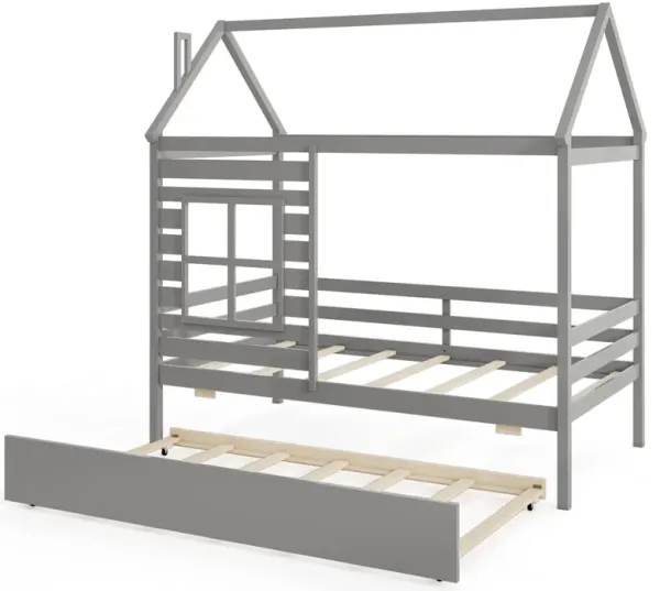 Kids Wood Bed with Roof Canopy and Slide-Out Trundle
