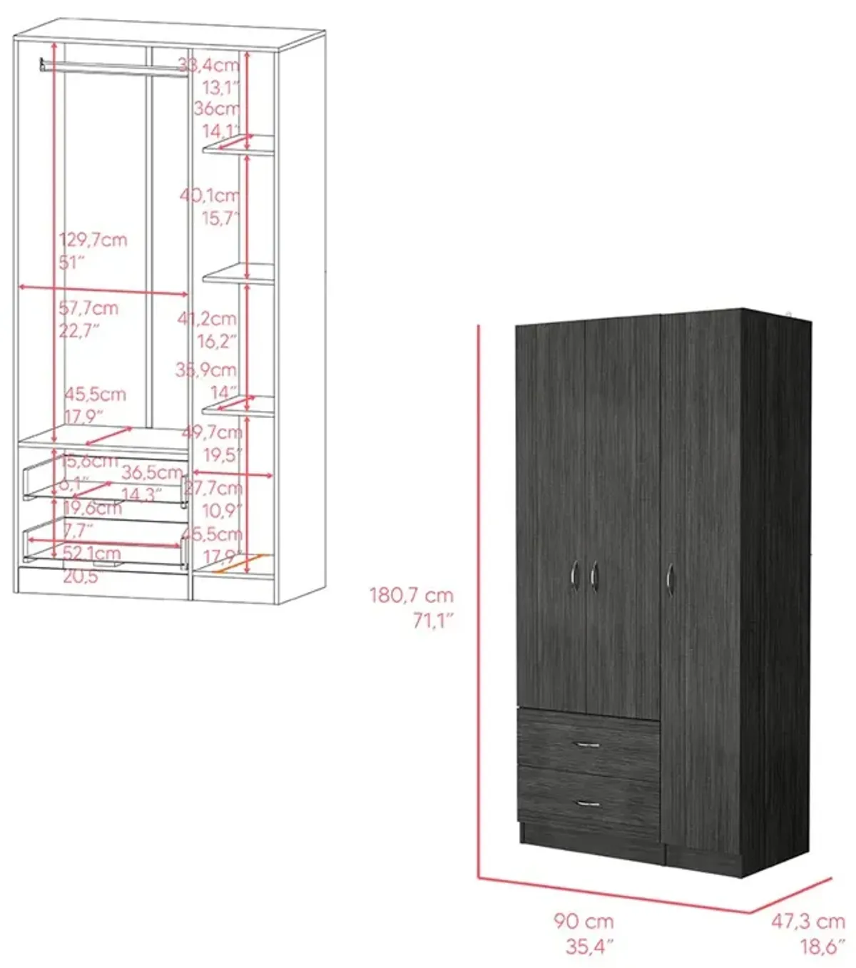 Three Door Armoire Clark, Bedroom, Smoky Oak / White