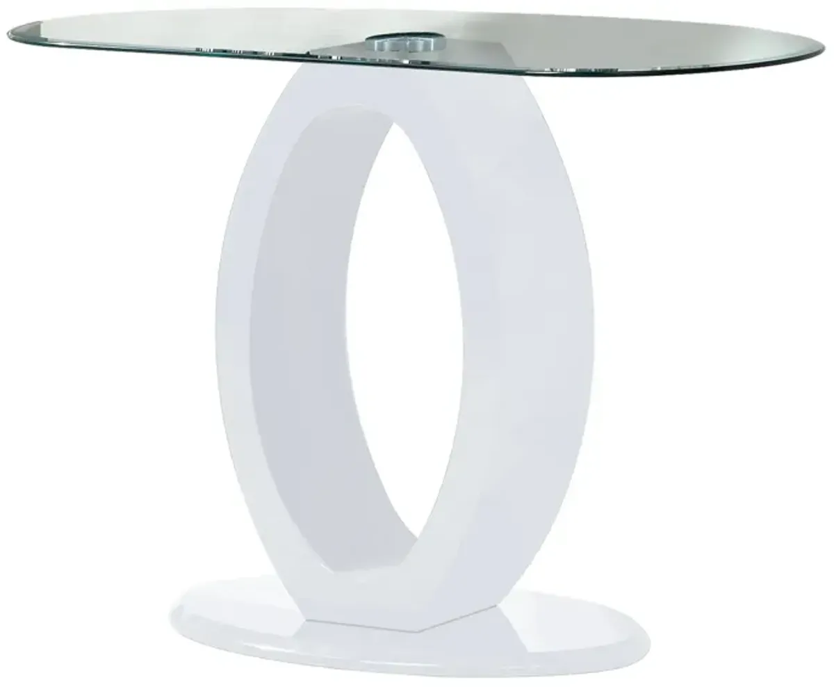 Contemporary Tempered Glass Top Sofa Table with O Shape Base, White-Benzara