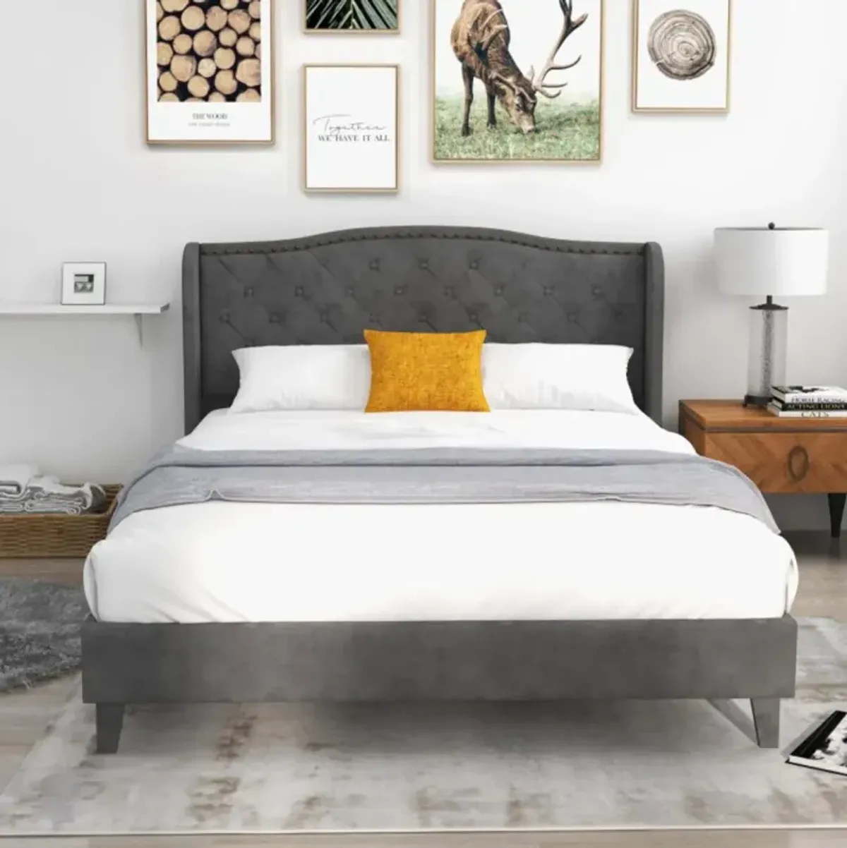 Hivvago Upholstered Platform Bed Frame with Button Tufted Headboard