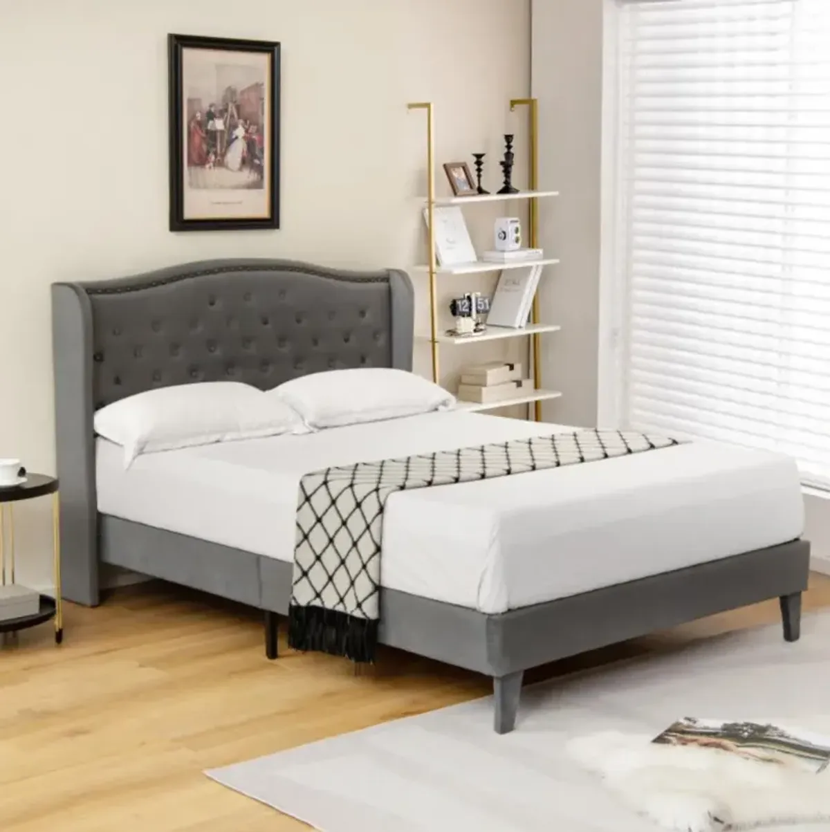 Hivvago Upholstered Platform Bed Frame with Button Tufted Headboard