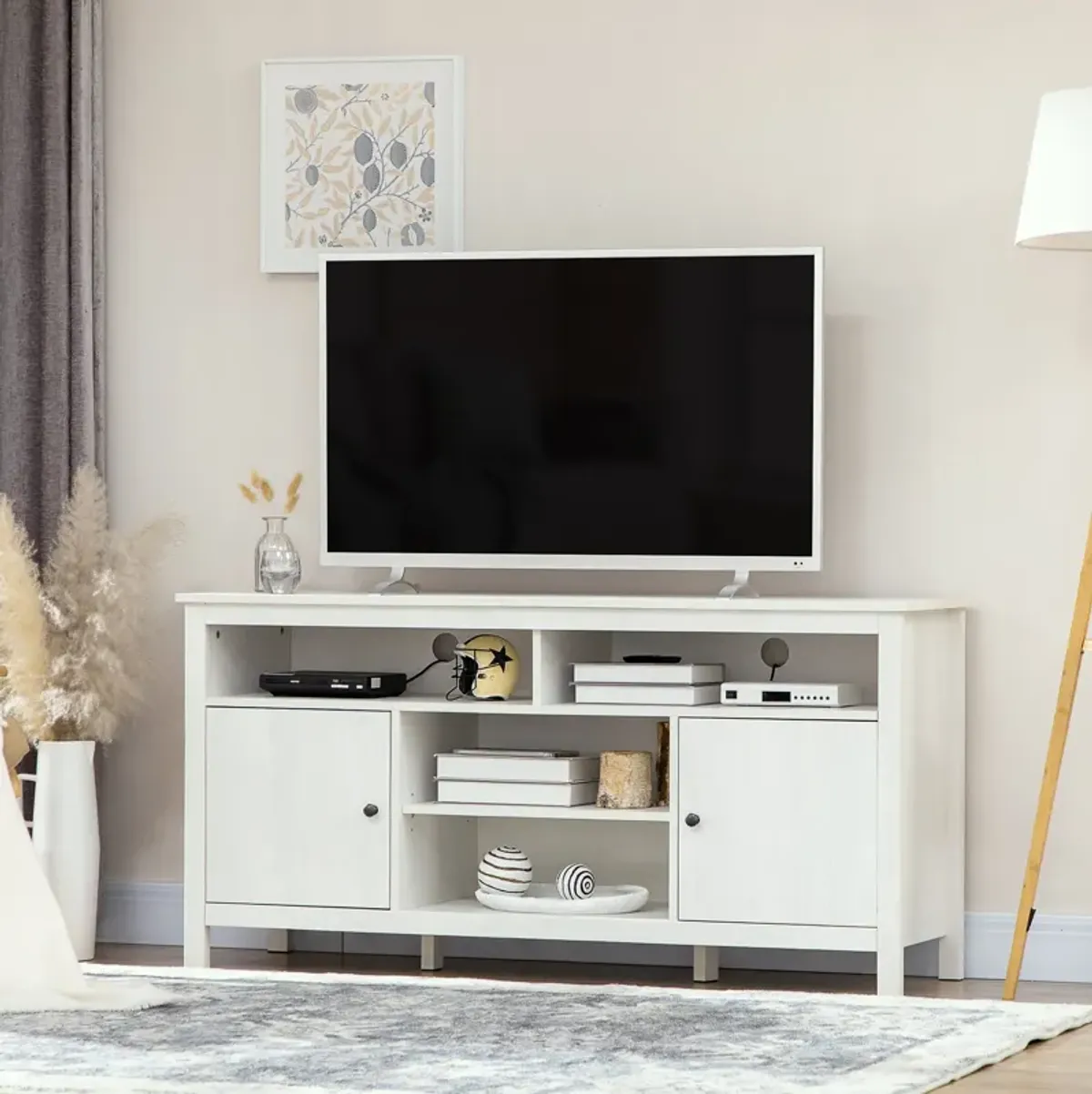 White Living Room Storage: TV Stand for 65" TVs with Shelves & Doors