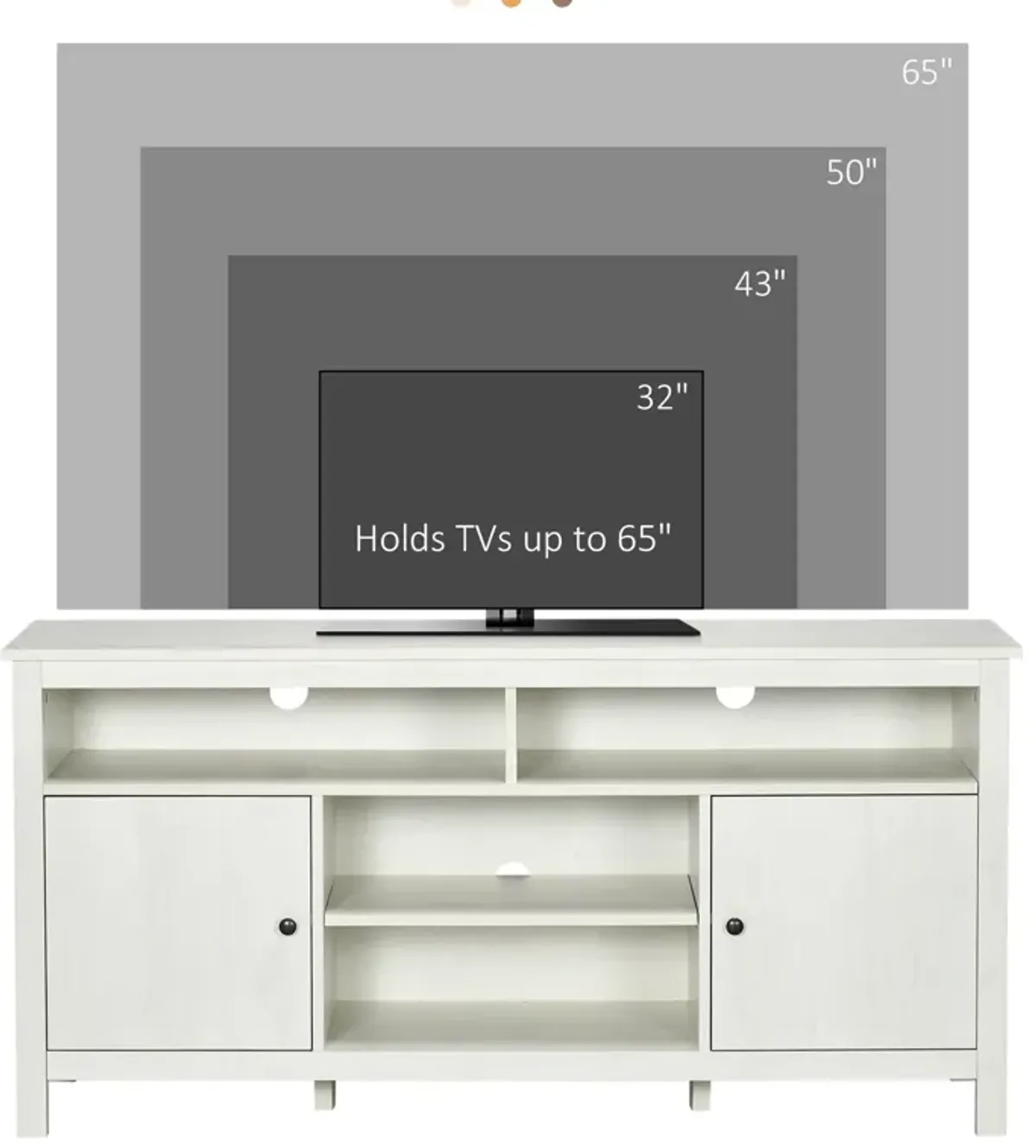 White Living Room Storage: TV Stand for 65" TVs with Shelves & Doors