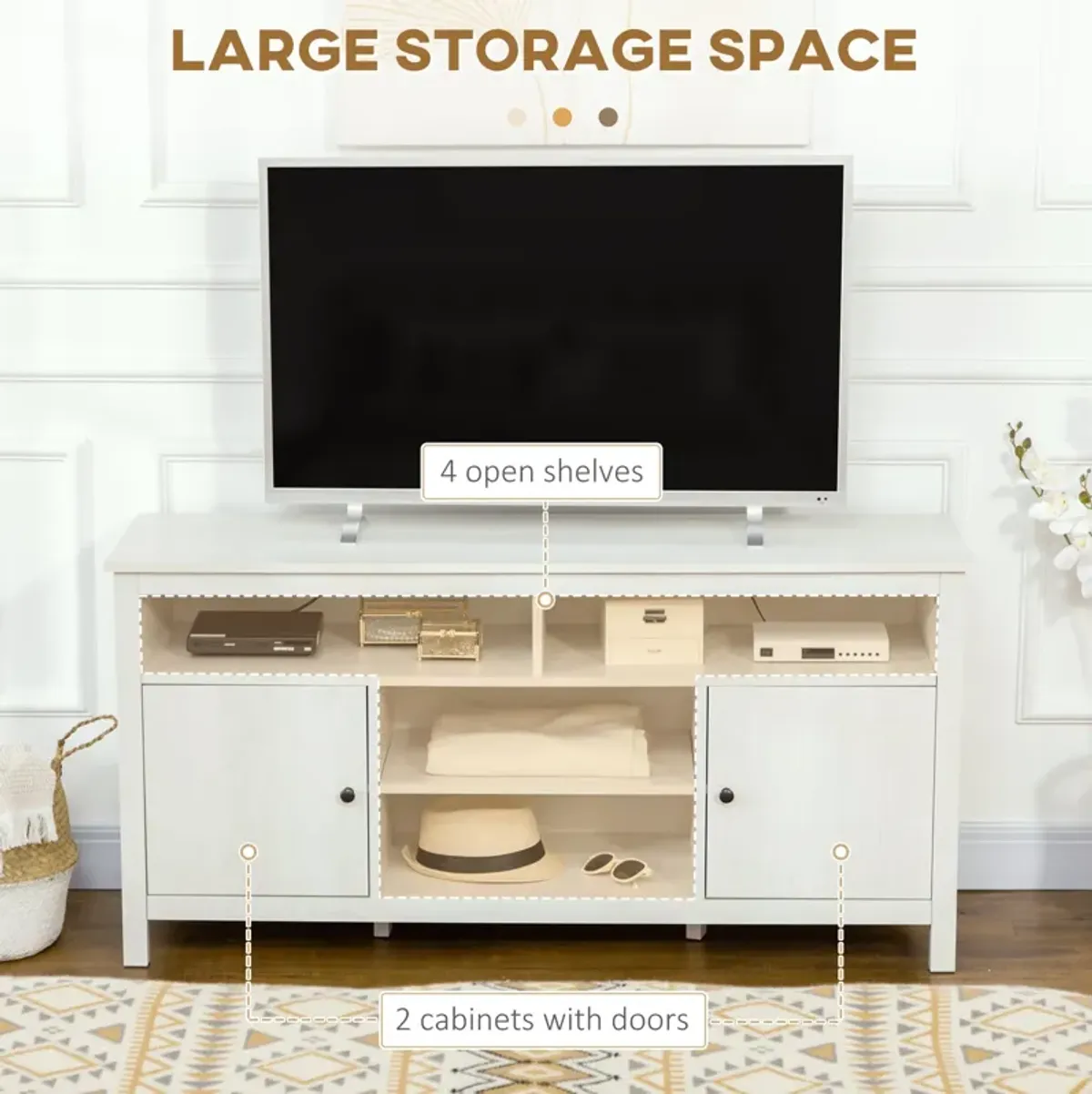 White Living Room Storage: TV Stand for 65" TVs with Shelves & Doors