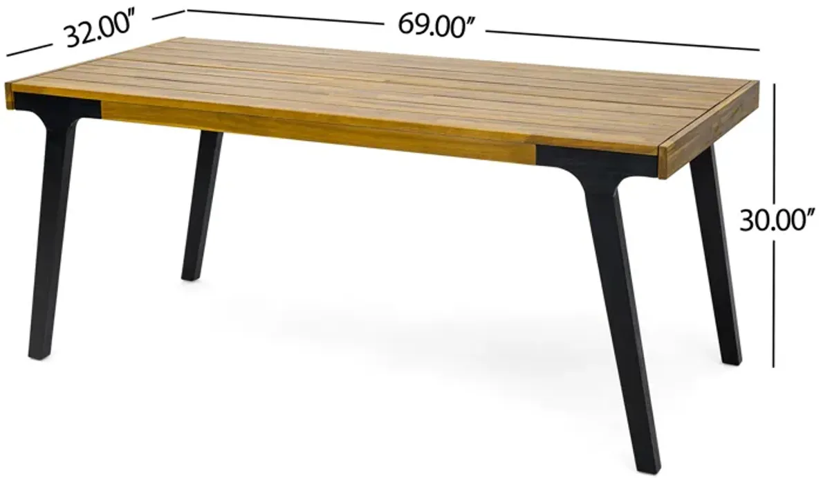 Sheldon Outdoor Dining Table, Rectangular 69 Inch Brown Wood, Black - Benzara