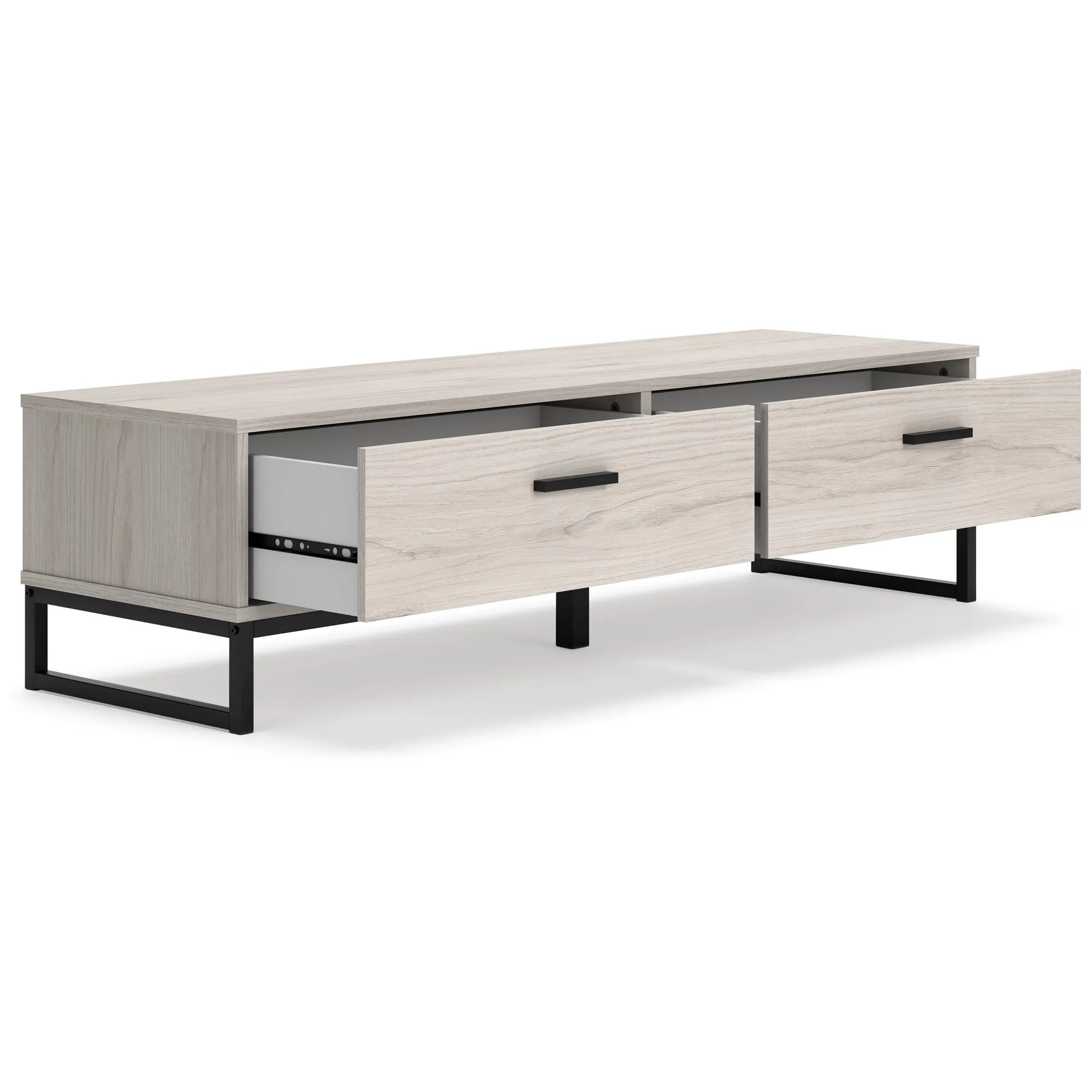 53 Inch 2 Drawer Storage Bench, Smooth Pewter Toned Frame, Black Metal Base-Benzara