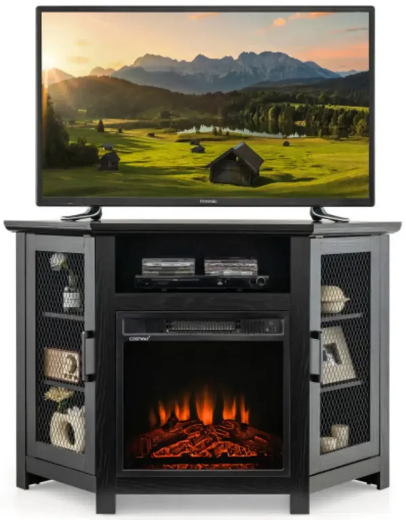 Corner TV Stand with 18 Inch Electric Fireplace for TVs up to 50 Inch