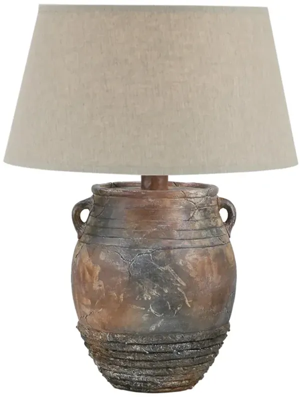 Benjara Yan 27 Inch Pottery Table Lamp, Two Small Handles, Cone Shade, Earth Brown, Beige