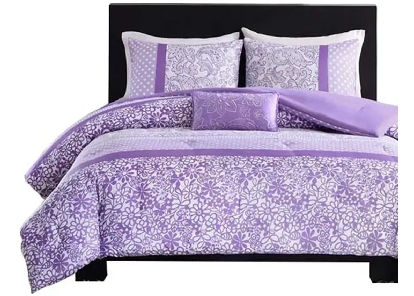 Gracie Mills Lilibeth Striped motif of Floral Paisley and Polka dots Printed Comforter Set -Queen