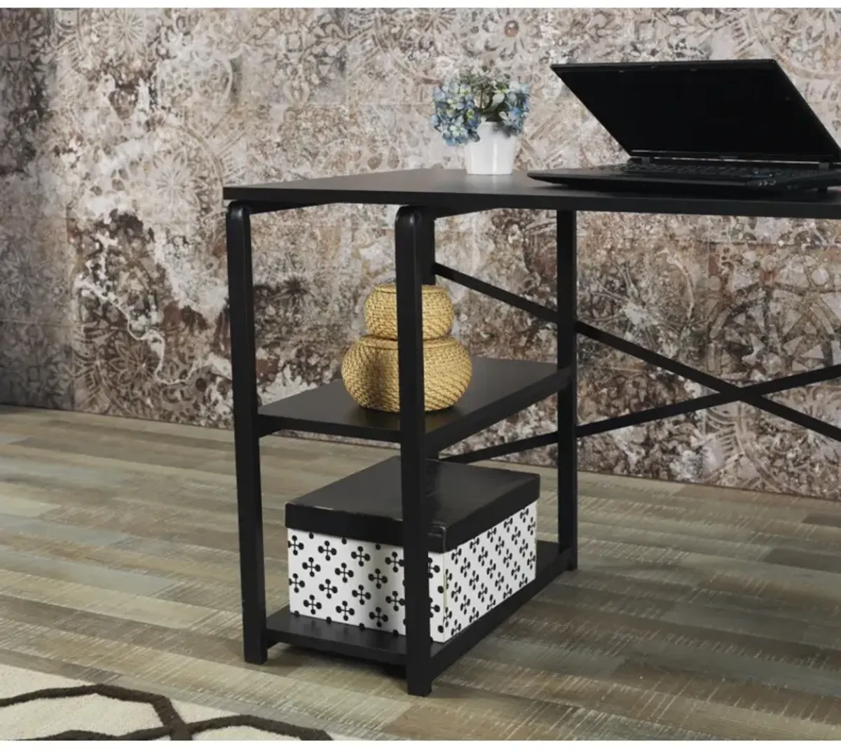 Furnish Home Store Sage Black Metal Frame 47" Wooden Top 2 Shelves Writing and Computer Desk for Home Office, Black