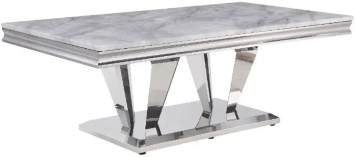 Yadlio Coffee Table, Light Gray Faux Marble & Mirrored Silver Finish - Contemporary Flair with Classic Pedestal Base - Sleek Stainless Steel - Elegant Table Top - Refresh Your Space with Satinka