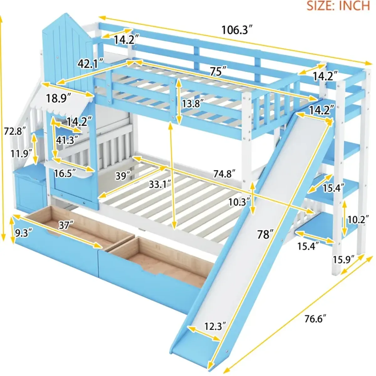 Twin Over Twin Castle Style Bunk Bed With 2 Drawers 3 Shelves And Slide