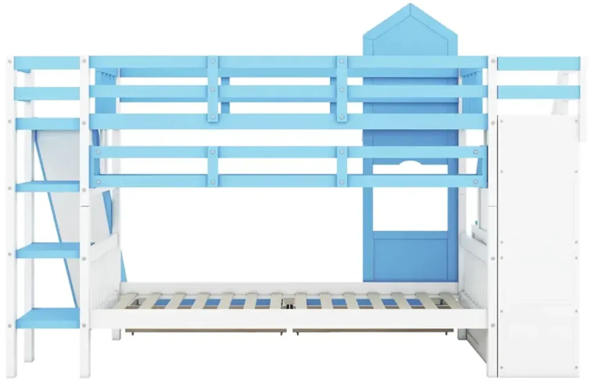 Twin Over Twin Castle Style Bunk Bed With 2 Drawers 3 Shelves And Slide