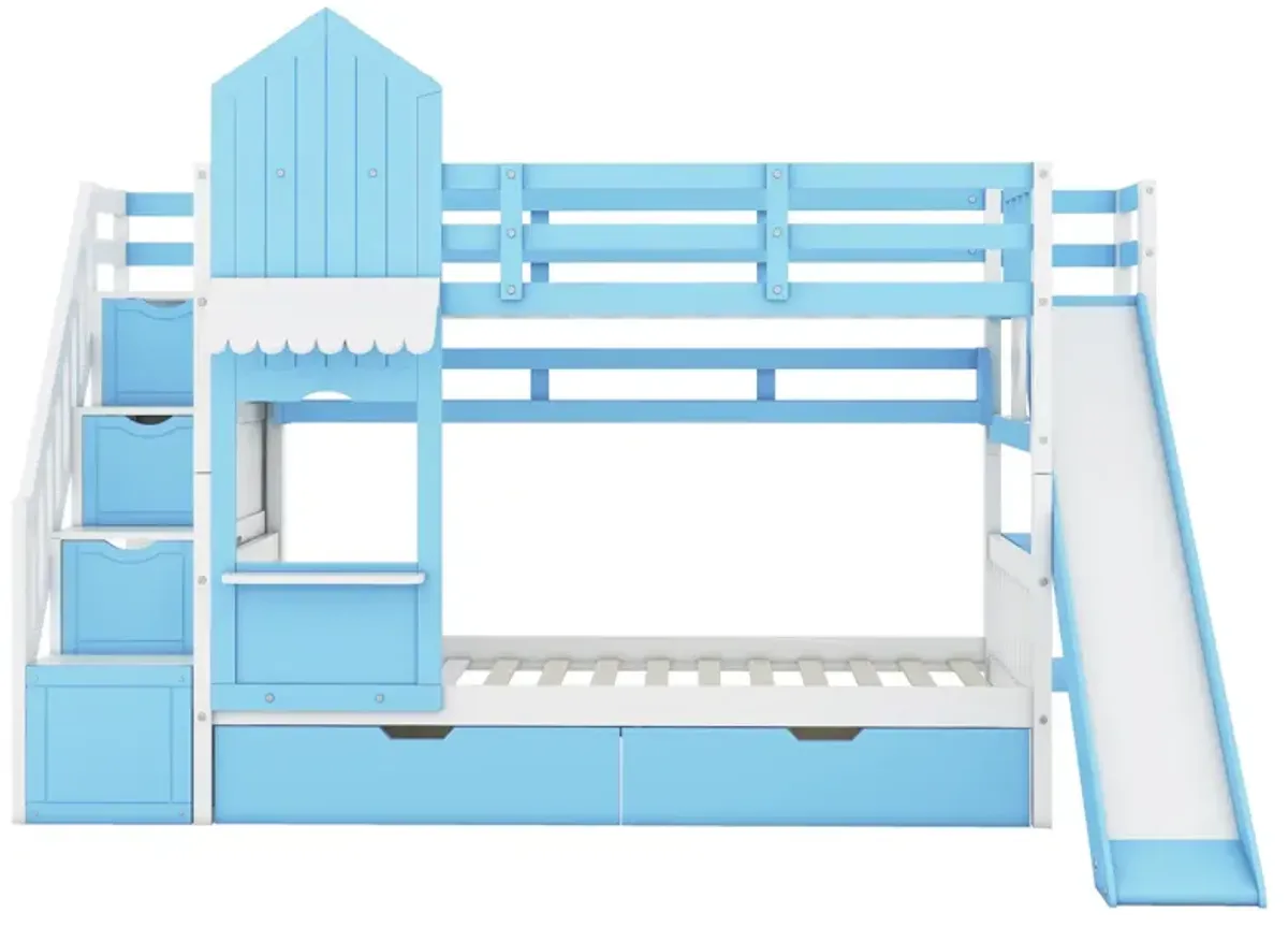 Twin Over Twin Castle Style Bunk Bed With 2 Drawers 3 Shelves And Slide