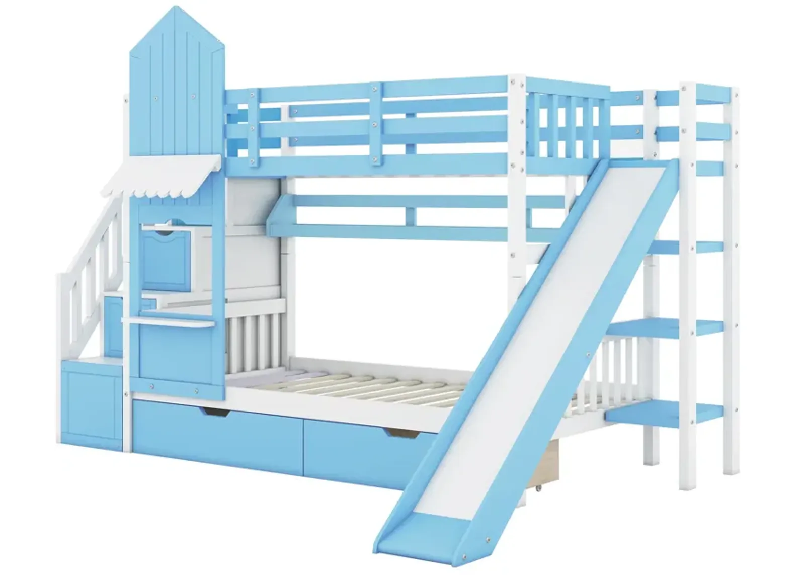 Twin Over Twin Castle Style Bunk Bed With 2 Drawers 3 Shelves And Slide