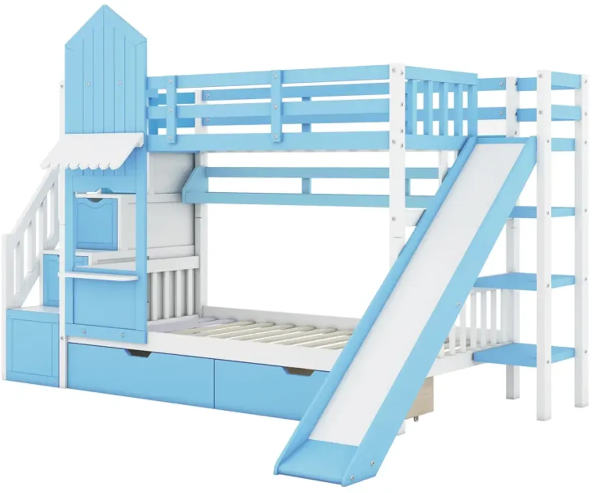 Twin Over Twin Castle Style Bunk Bed With 2 Drawers 3 Shelves And Slide