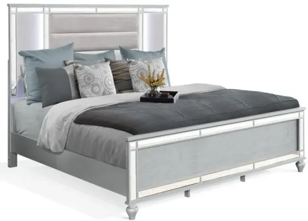 Lio Modern King Size Bed, LED, Mirror Trim, Silver Velvet Tufted Upholstery - Benzara