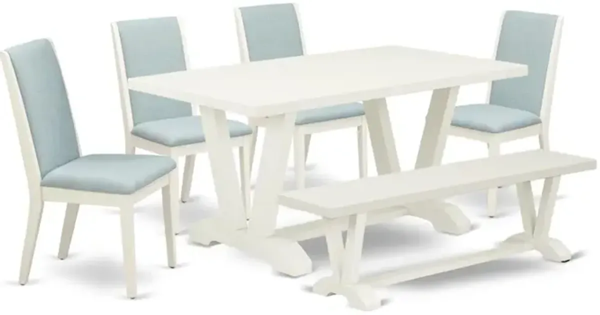 East West Furniture V026LA015-6 6Pc Kitchen Set Includes a Wood Dining Table, 4 Parson Chairs with Baby Blue Color Linen Fabric and a Bench, Medium Size Table with Full Back Chairs, Wirebrushed Linen
