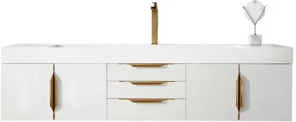 James Martin Vanities 72 Single Wall Mount Vanity, Glossy White, Radiant Gold w/ Glossy White Top
