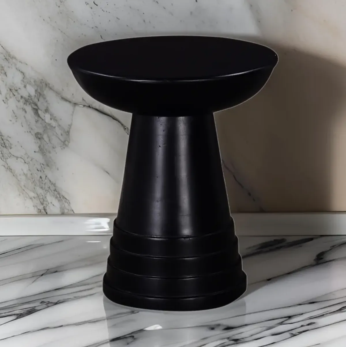 Side End Table, 16 Inch Round Top, Flared Pedestal Base, Black Solid Wood - Benzara