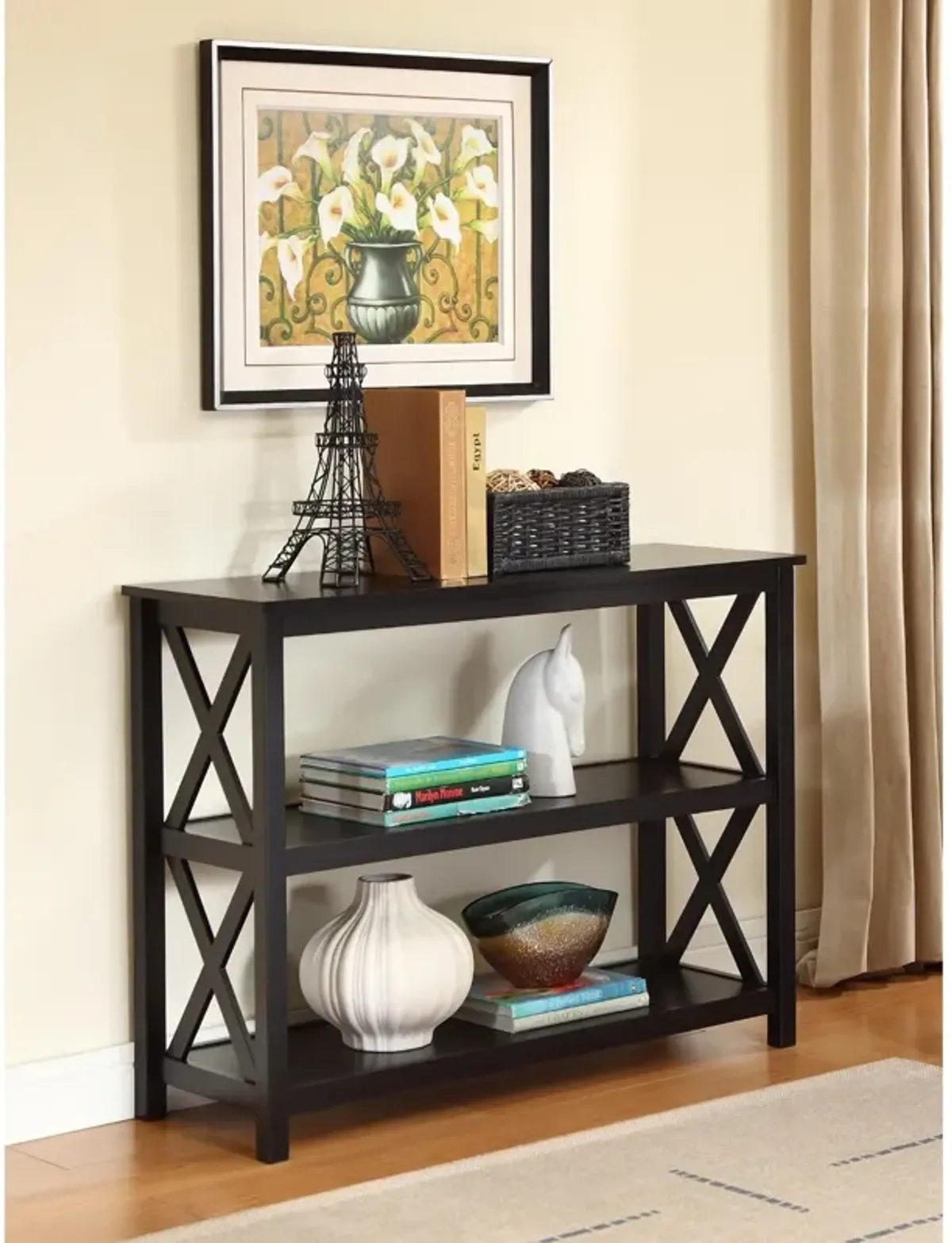 Hivvago 3-Tier Black Sofa Table Bookcase Living Room Shelves