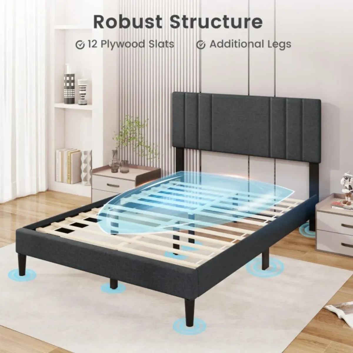 Hivvago Bed Frame with Vertical Channel Tufted Headboard and Wooden Slats