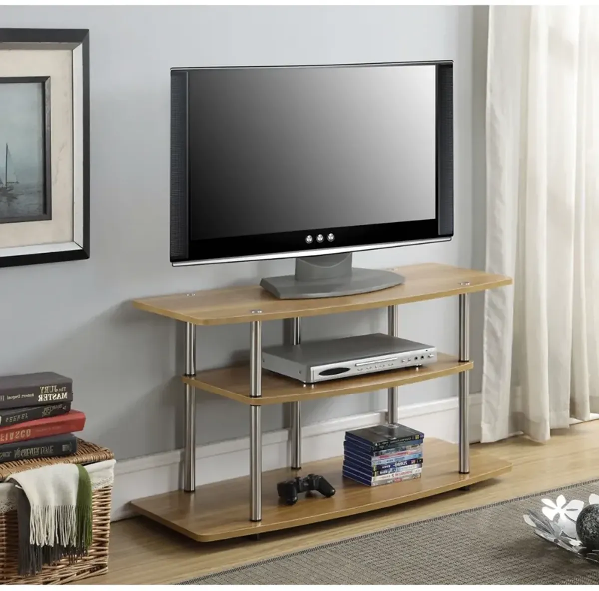 Hivvago Modern Wood Metal TV Stand Entertainment Center in Light Oak Finish