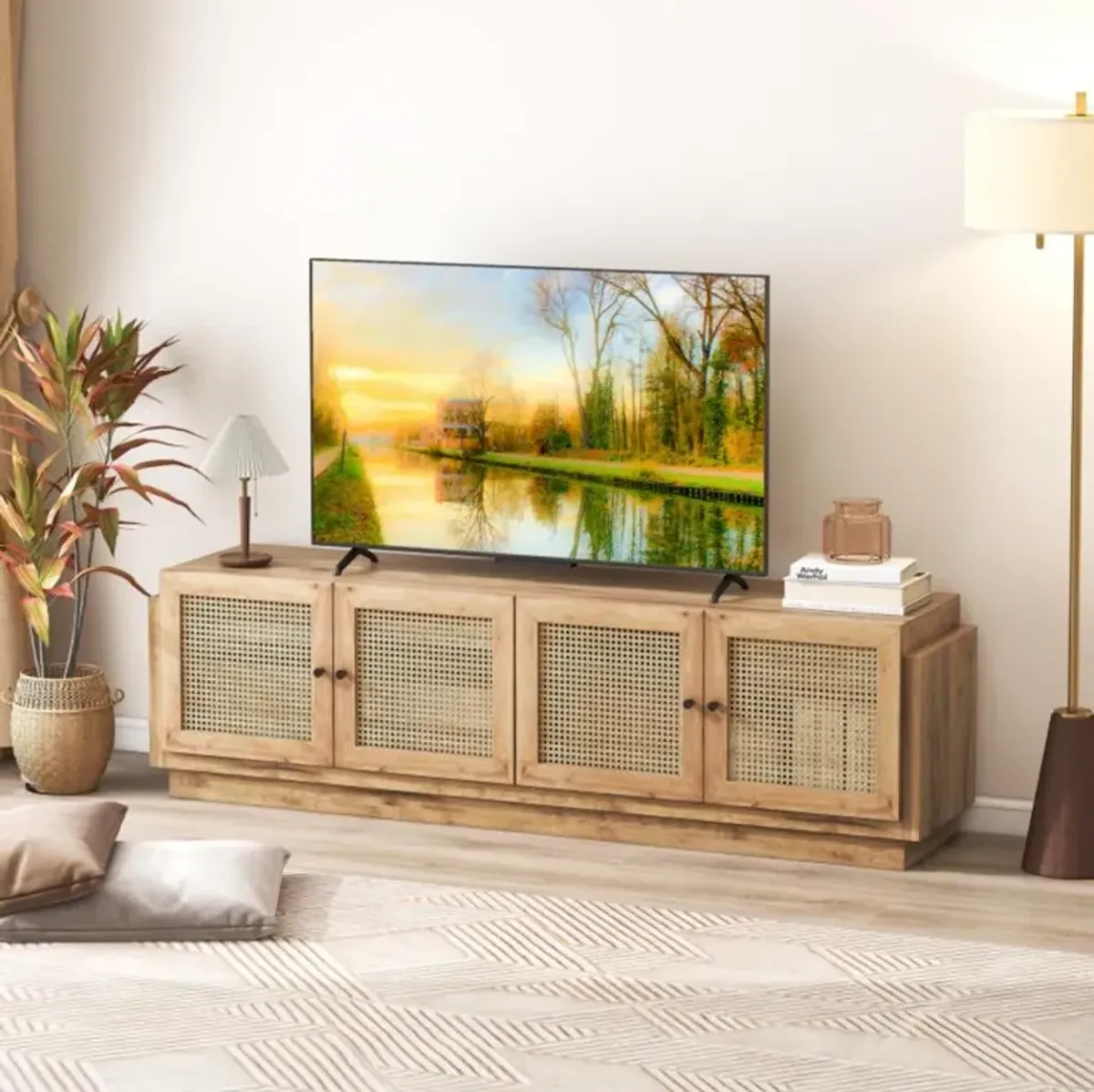 Hivvago Farmhouse TV Stand for TVs up to 75 Inches with 2 Cabinets-Oak