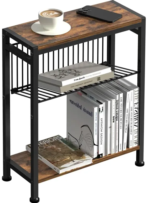Lifenite Side Table for Small Spaces, Narrow End Table with Magazine Holder, 2 in 1 Design Slim Side Table, Skinny Nightstand fo
