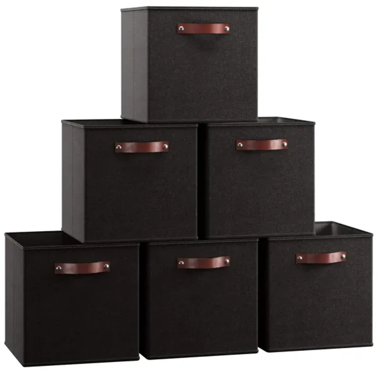 Foldable Linen Storage Cube Bin with Leather Handles - Set of 6