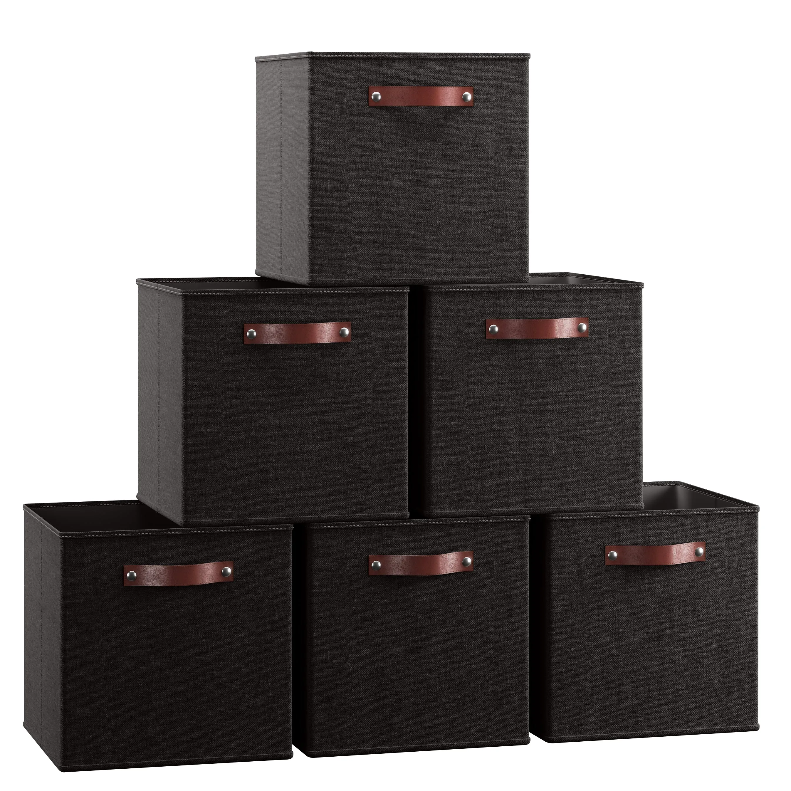 Foldable Linen Storage Cube Bin with Leather Handles - Set of 6