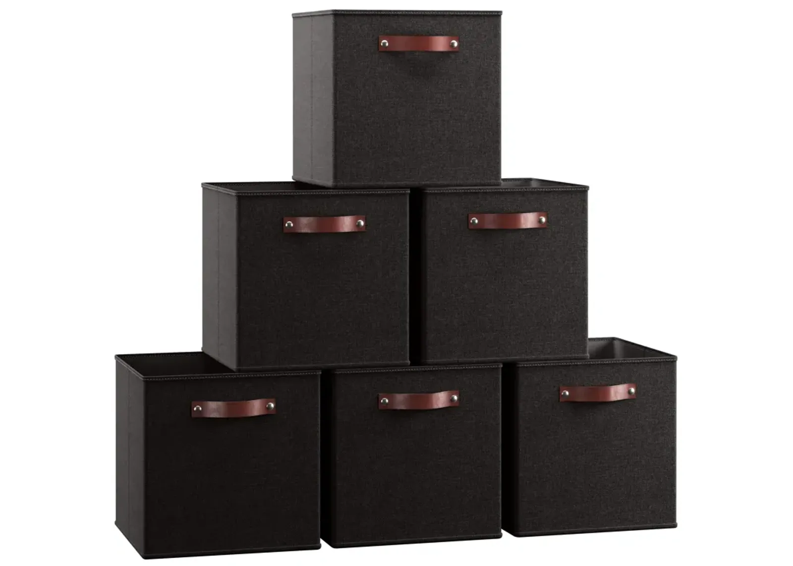 Foldable Linen Storage Cube Bin with Leather Handles - Set of 6