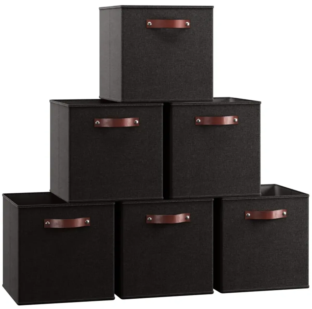 Foldable Linen Storage Cube Bin with Leather Handles - Set of 6