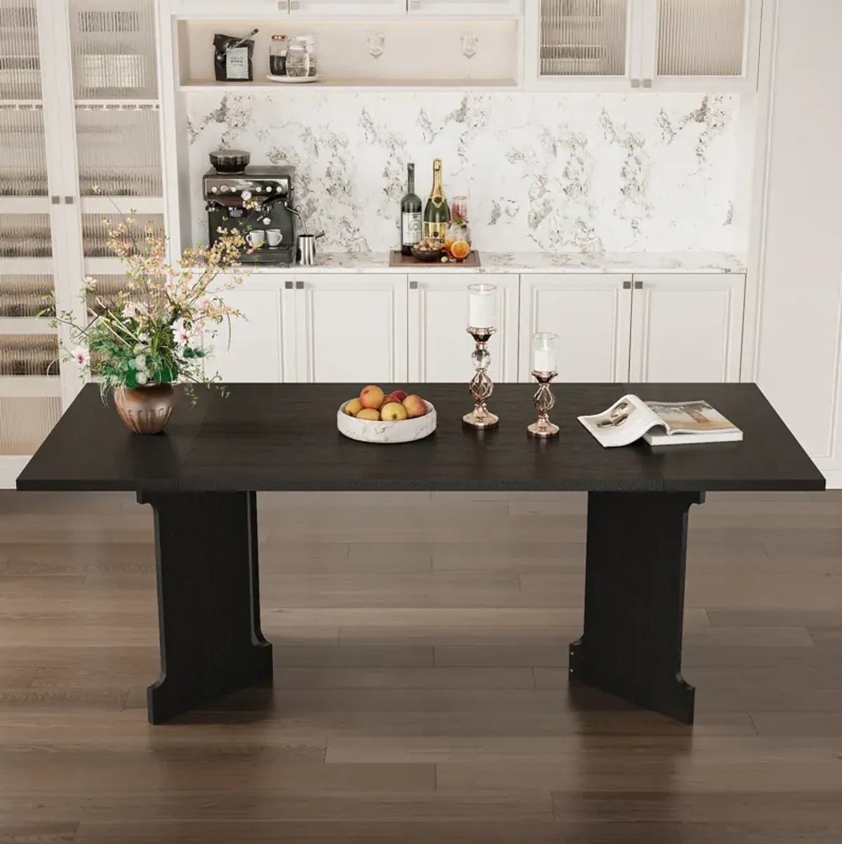 FUFU&GAGA 78.7" Wood Grain Dining Table with Thickened Solid Tabletop and Hollow Panel Legs, Spacious Modern Design (78.7 in. L x 23.6 in. W x 29.9 in. H), Black