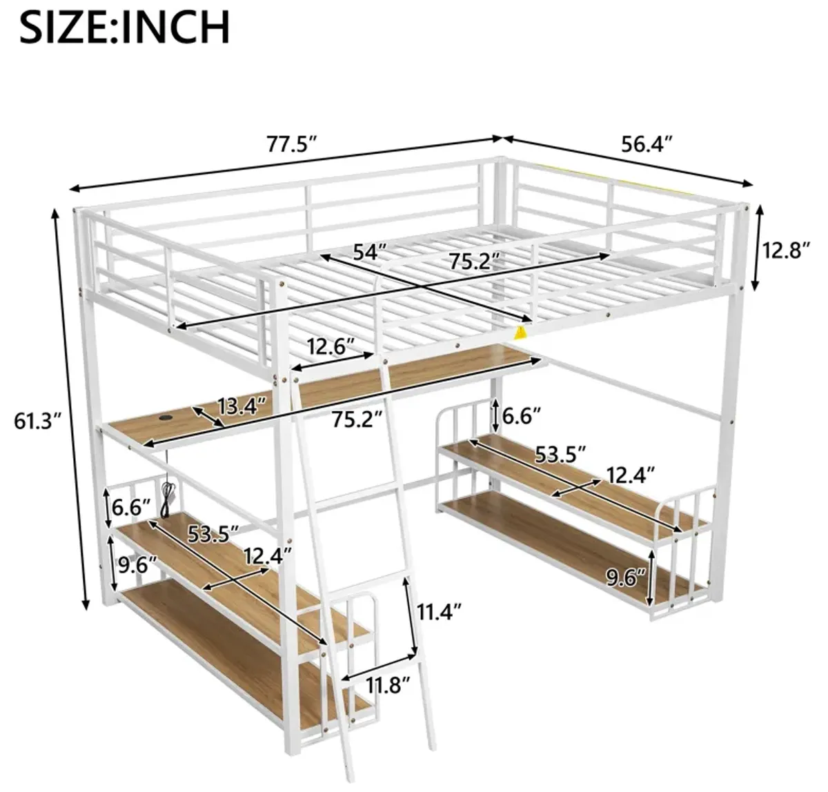 Merax Metal Loft Bed with Desk and Storage Shelves