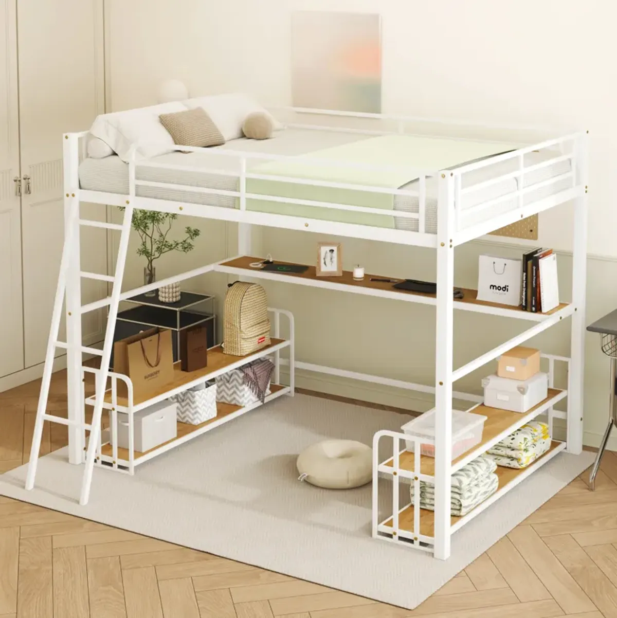 Merax Metal Loft Bed with Desk and Storage Shelves